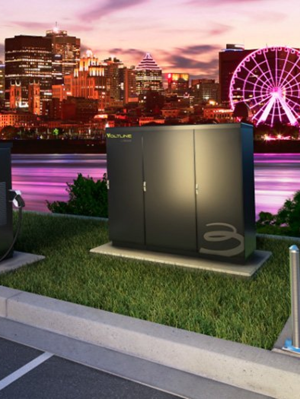 Bornes de recharge électriques installées devant un paysage urbain illuminé au crépuscule, avec une grande roue éclairée en arrière-plan. 