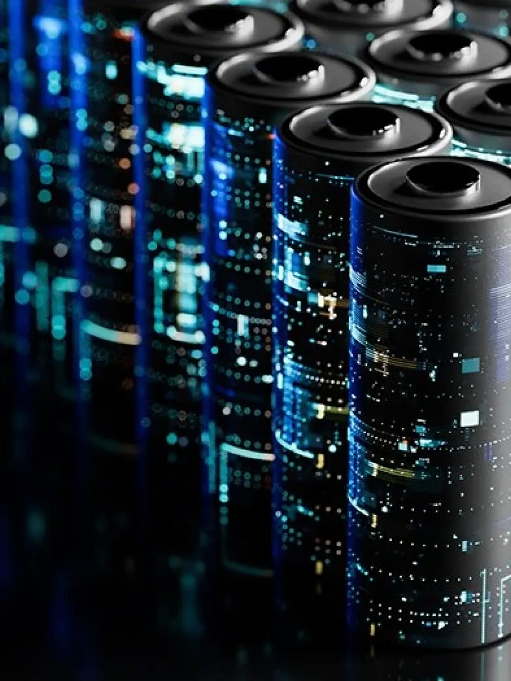 Rangées de batteries cylindriques noires illustrées avec des motifs lumineux rappelant des circuits électroniques.