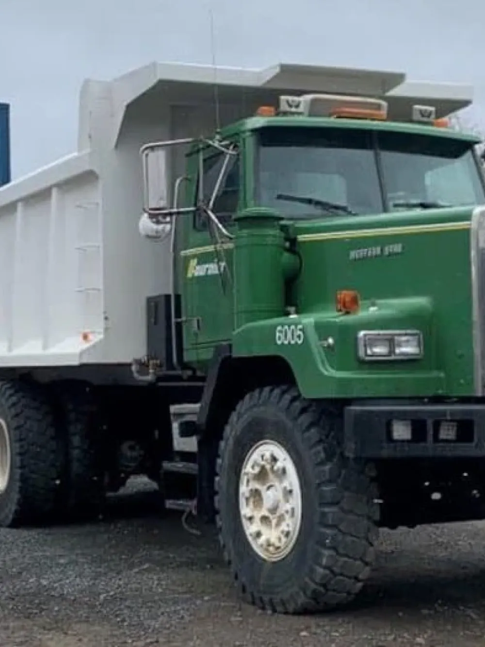 Camion lourd de couleur verte et blanche stationné devant des bâtiments industriels.