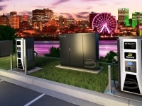 Bornes de recharge électriques installées devant un paysage urbain illuminé au crépuscule, avec une grande roue éclairée en arrière-plan. 