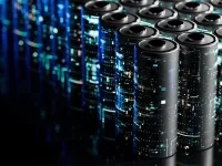 Rangées de batteries cylindriques noires illustrées avec des motifs lumineux rappelant des circuits électroniques.