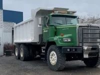 Camion lourd de couleur verte et blanche stationné devant des bâtiments industriels.